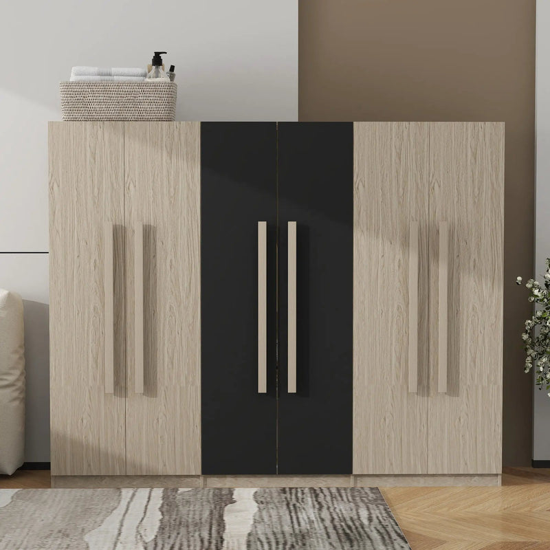 6 Doors Wardrobe Storage For Bedroom, With 2 Drawers Inside - Black / Nature by Unique Piece Furniture