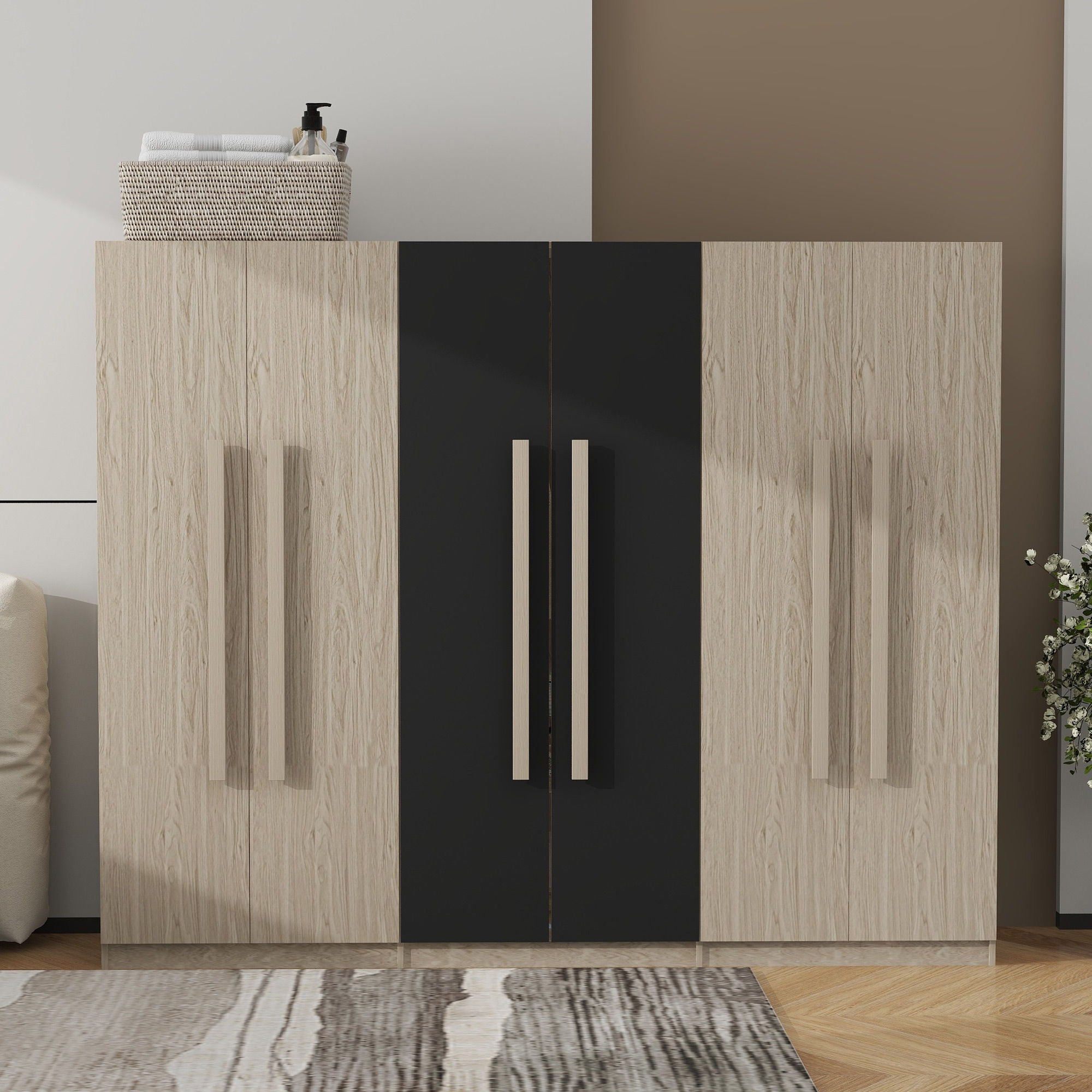 6 Doors Wardrobe Storage For Bedroom, With 2 Drawers Inside - Black / Nature by HouseOfZazla