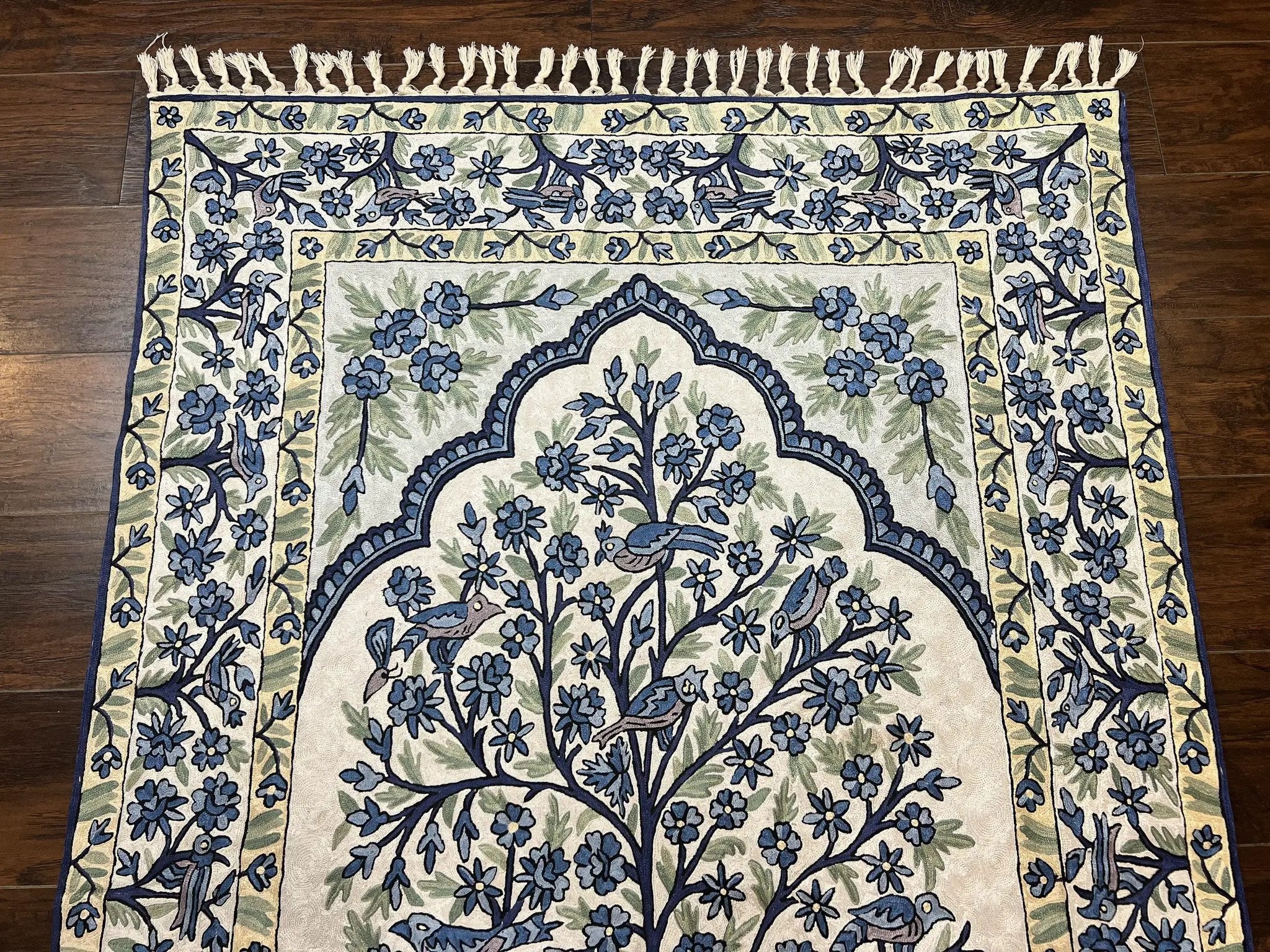 Tree of Life Indian Hand Stitched Rug 4x6, Indian Wall Hanging Rug, Ivory Blue, Silk on Cotton, Vintage by Jewel Rugs
