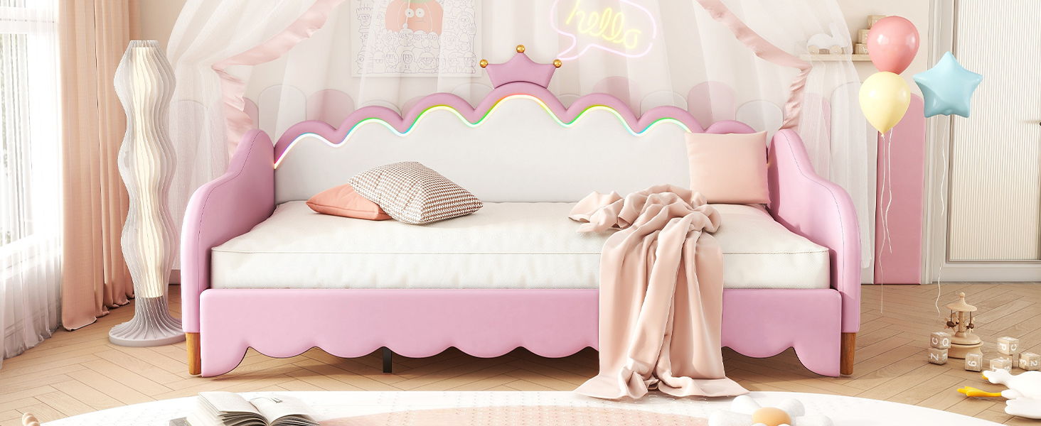 Extending Daybed With LED Lights, Modern Upholstered Princess Daybed With Crown Headboard by HouseOfZazla