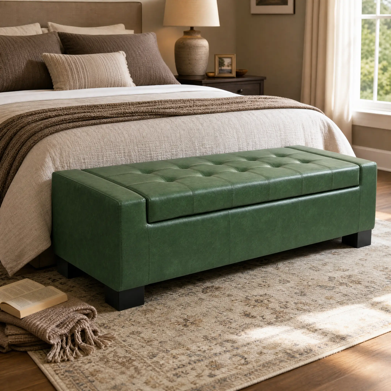 Green Storage Ottoman Bench, PU Upholstered Footrest with Solid Wood Legs by HouseOfZazla