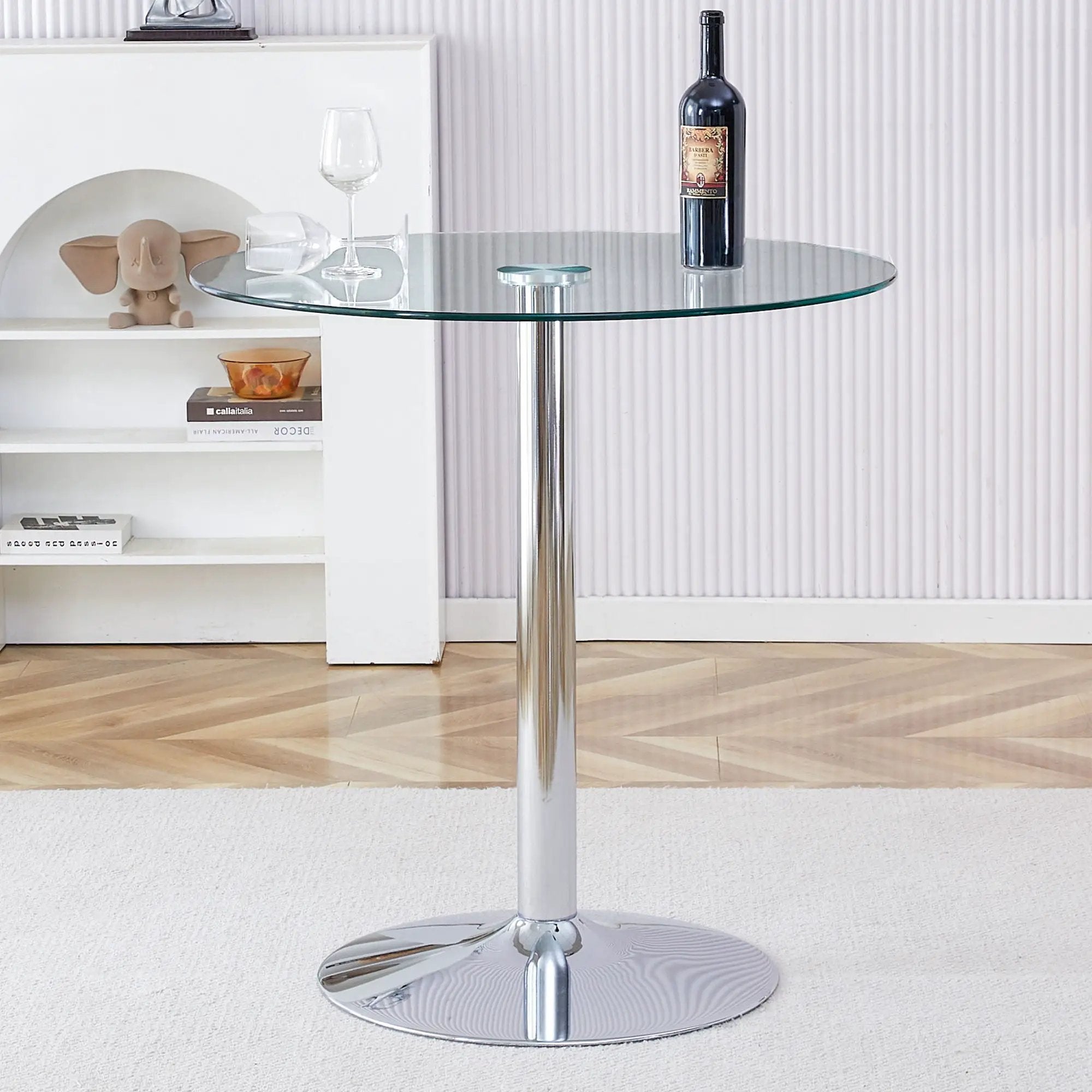 Modern Minimalist Circular Glass Dining Table With Electroplated Metal Legs 35" Diameter - Transparent by HouseOfZazla