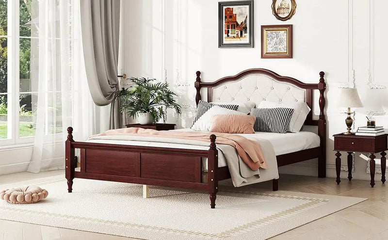 Pine Wooden Bed With Upholstered Headboard And Panel Footboard, With Two Bed Rail Support Feet And Central Platform Support Feet by Unique Piece Furniture