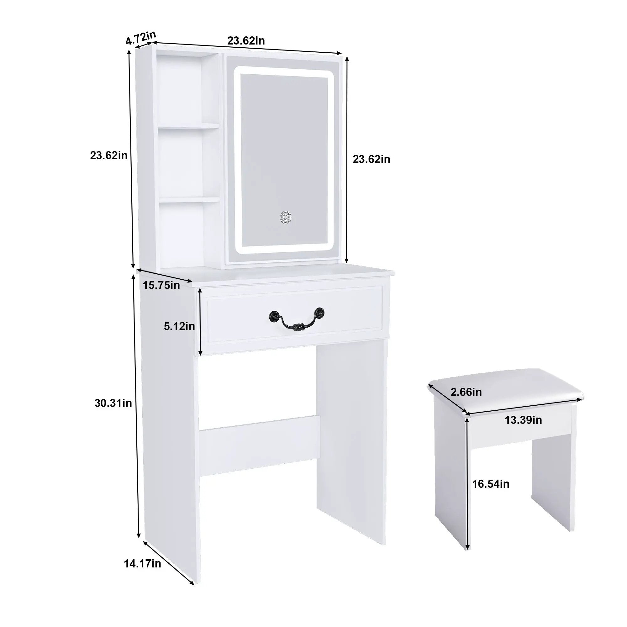 Modern Mini Dressing Table With Led-Lit Mirror & Hidden Storage, Adjustable Brightness Vanity Desk - White by HouseOfZazla