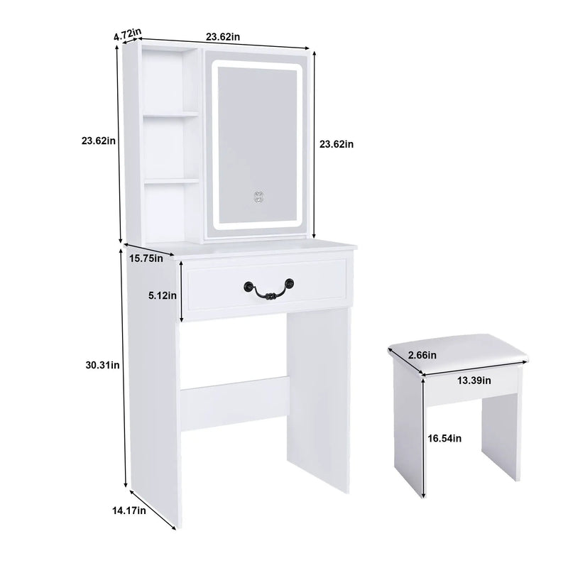 Modern Mini Dressing Table With Led-Lit Mirror & Hidden Storage, Adjustable Brightness Vanity Desk - White by Unique Piece Furniture