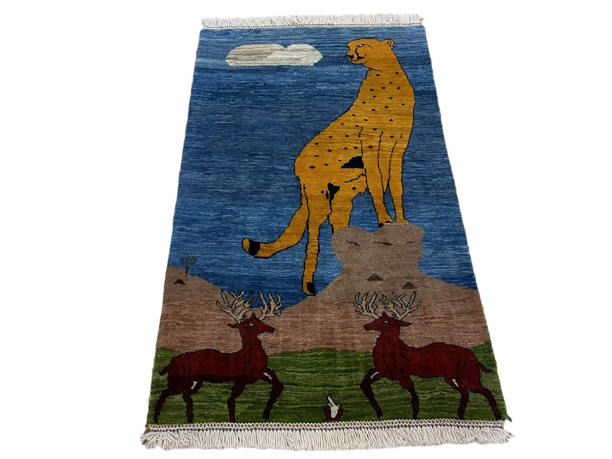 3 x 5 Handmade New Vintage Wool Blue Rug Leopard Lion Jaguar Deer Organic Dyes by Jewel Rugs