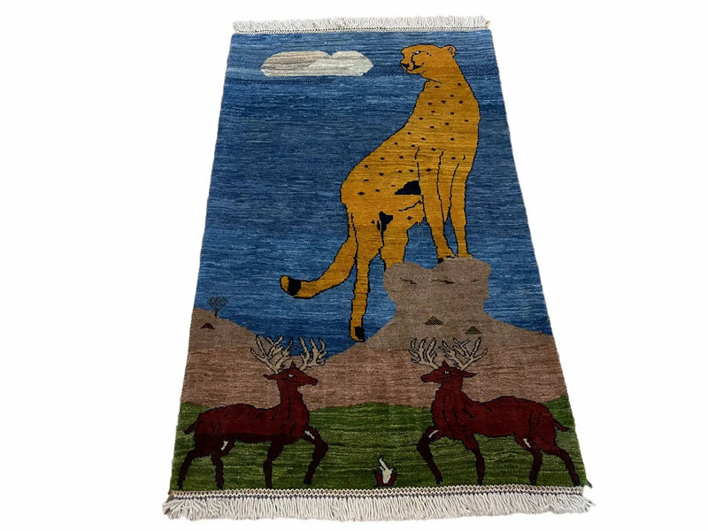 3 x 5 Handmade New Vintage Wool Blue Rug Leopard Lion Jaguar Deer Organic Dyes by Jewel Rugs