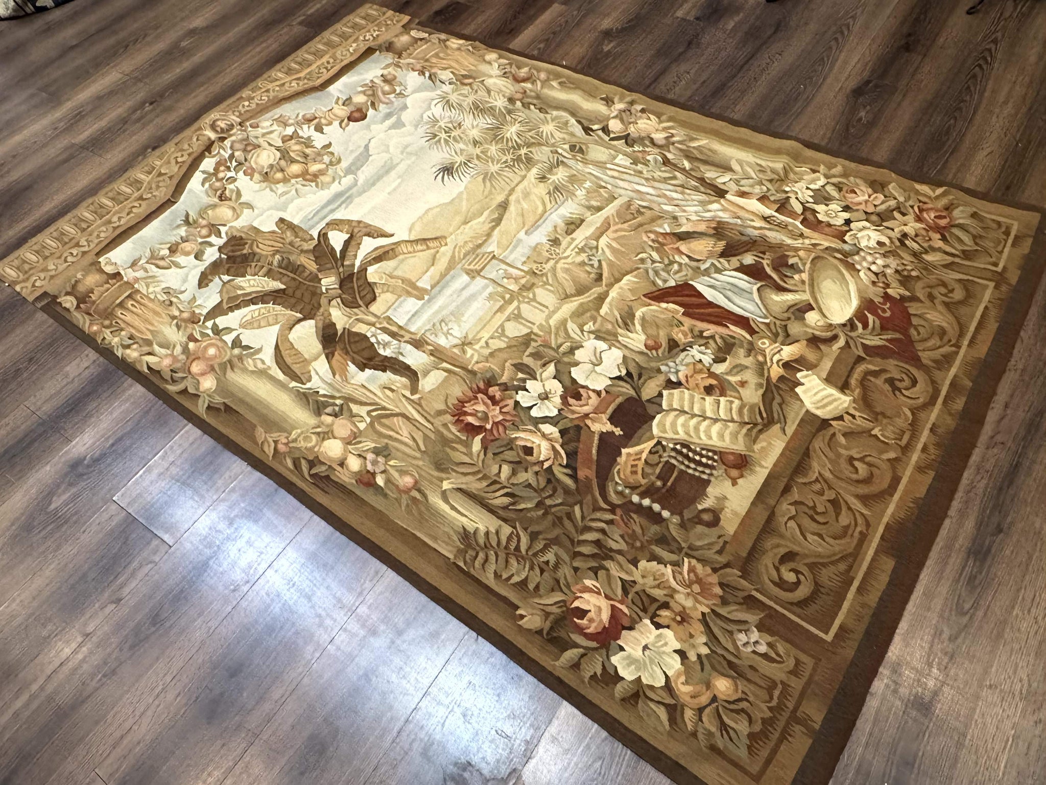 Vintage French Tapestry 5x7, Handmade, Wool, Aubusson Weave by Jewel Rugs