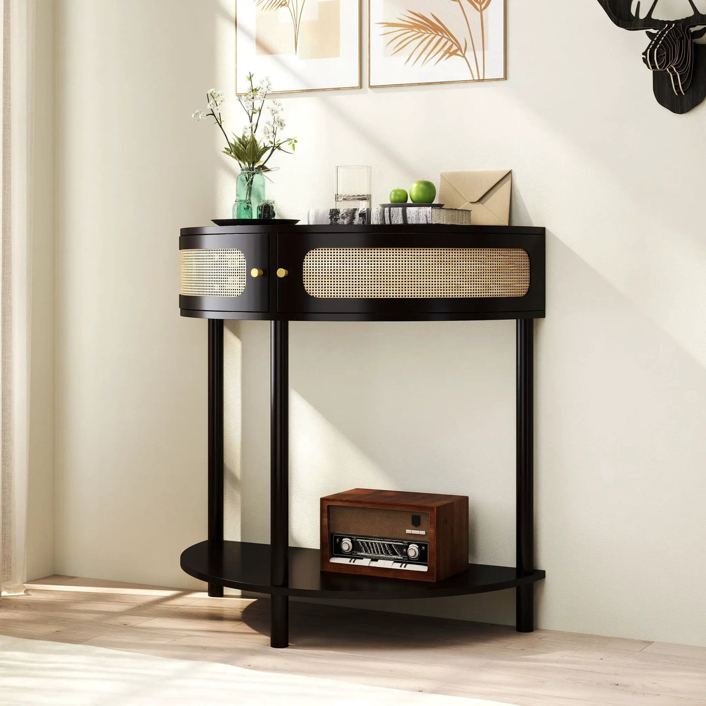Boho Rattan Semi Circle End Table With Sliding Rattan Door, Storage And Bottom Shelf by Unique Piece Furniture