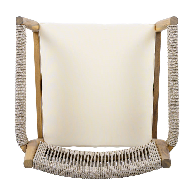 Braided Acacia Wood Outdoor Dining Chairs Set of 4 – Teak Look with Beige Rope & Cream Cushions by HouseOfZazla