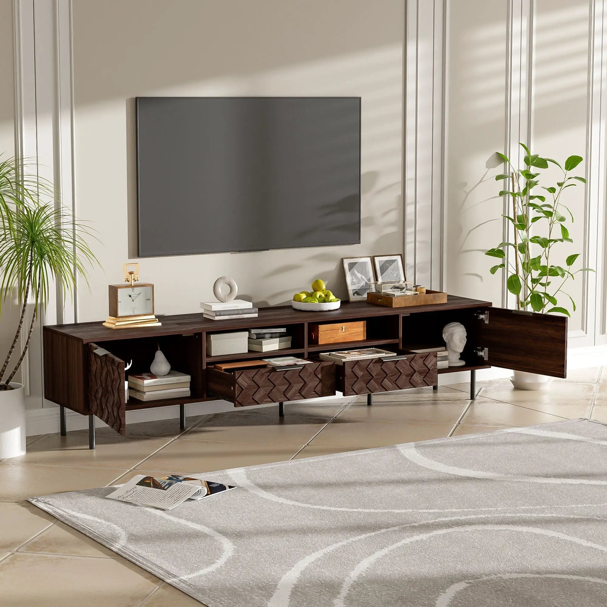 TV Stand For TVs Up To 85" With Closed Storage, Soft Closing Hinges, Living Room Entertainment Center - Walnut by Unique Piece Furniture