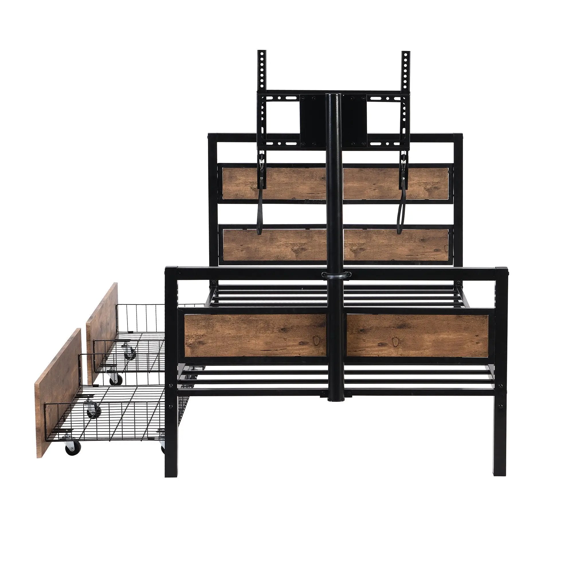 Twin Size Platform Bed With Headboard And Footboard, 2 Storage Drawers And Rotatable TV Stand - Black by HouseOfZazla