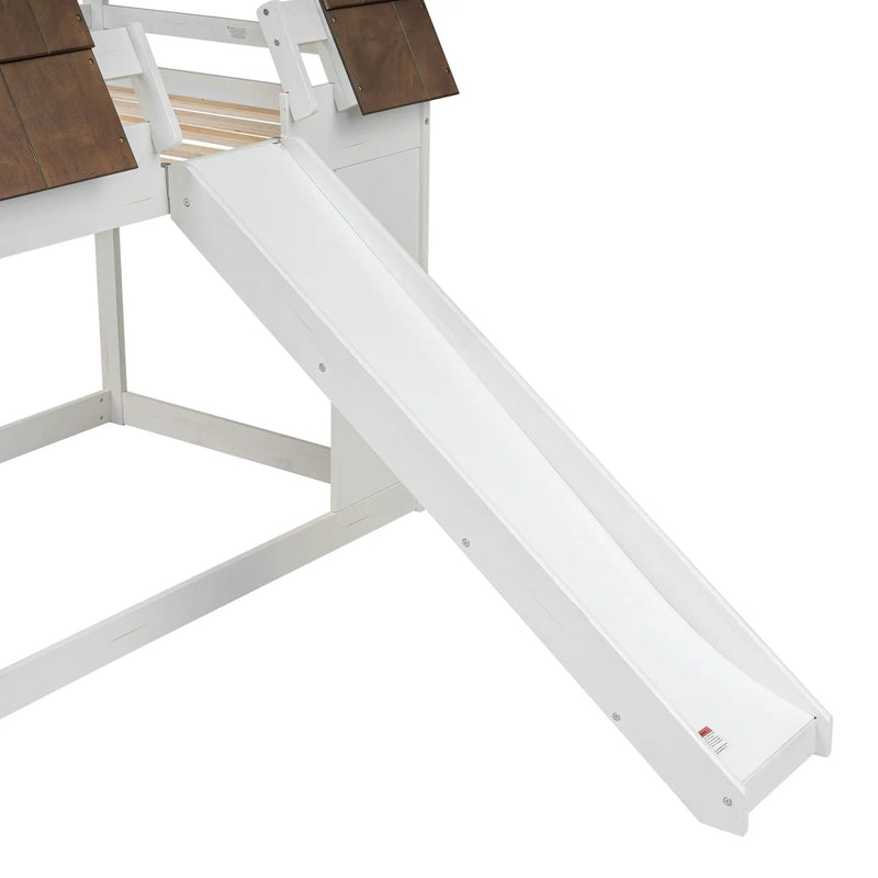 Wood Twin Size House Bunk Bed With Roof, Ladder And Slide - White / Brown by HouseOfZazla