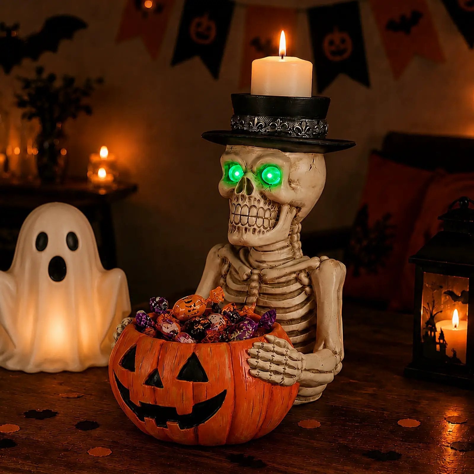 Halloween Skeleton Figurine with Pumpkin Candy Bowl & Candle Holder by HouseOfZazla