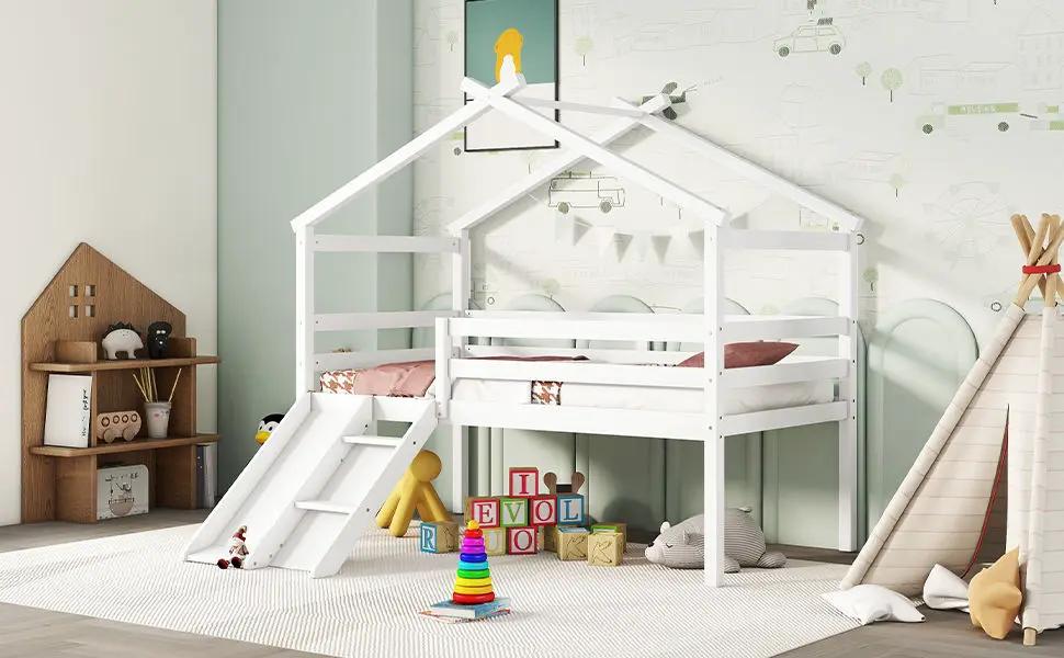 Low Loft House Bed With Slide, Ladder, Safety Guardrails, House Roof Frame by Unique Piece Furniture