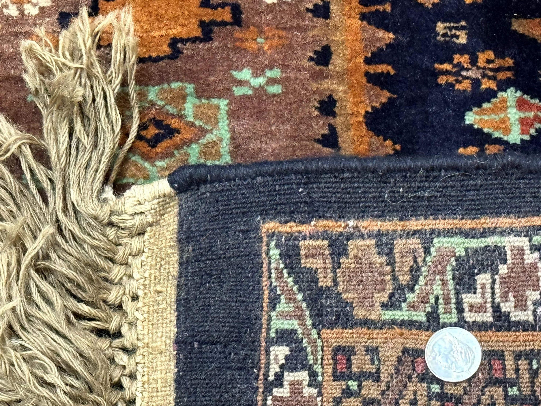 Vintage Afghan Rug 4x6, Navy Blue and Light Brown, Geometric Medallions, Wool on Wool, Tribal Rug by Jewel Rugs