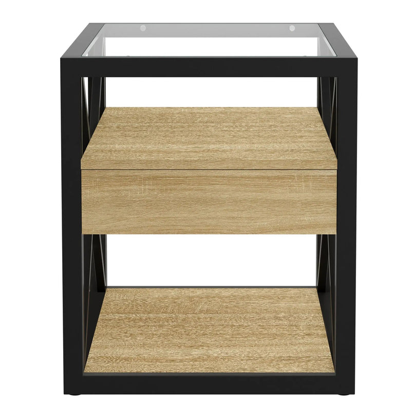 1 Piece Modern End Table with Drawer - Natural Wood & Tempered Glass by HouseOfZazla