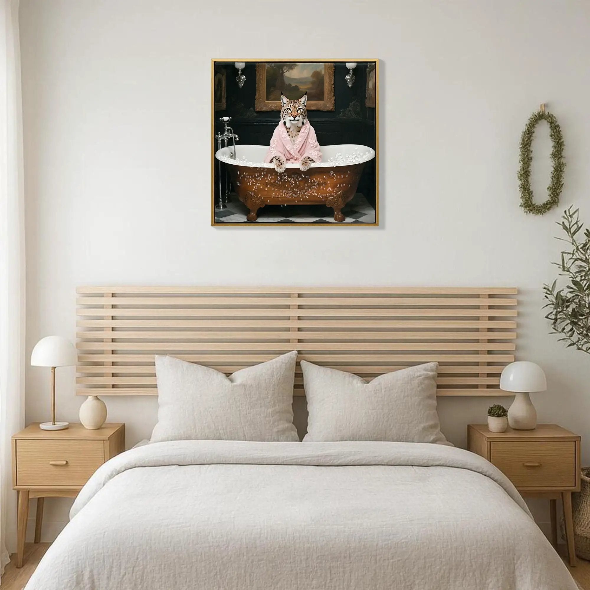 Tiger In Bathtub Wall Art Print Poster, Bathroom Decor Posters Prints For Restroom - Pink / White by Unique Piece Furniture