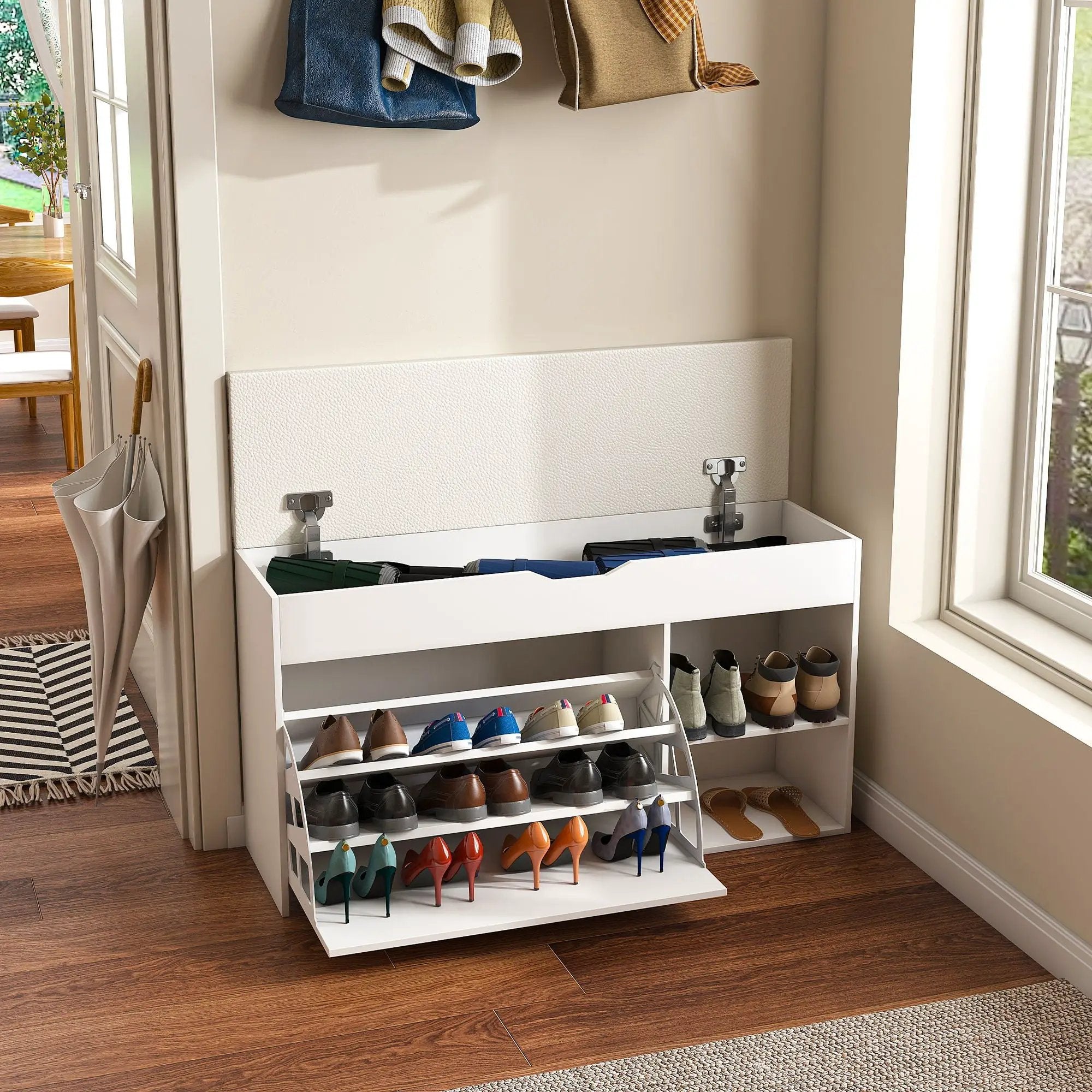 Modern Design Entryway Bench With Adjustable 3 Tier Flip-Up Drawers And Hidden Cabinet - White by Unique Piece Furniture