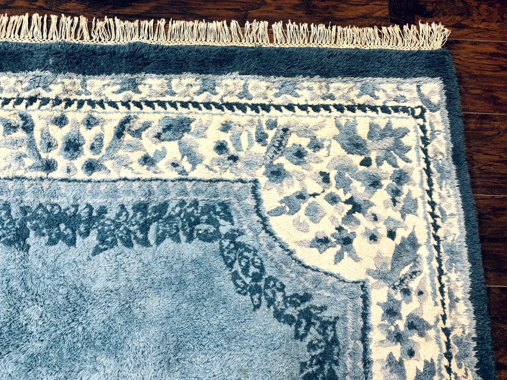 Indo Chinese Aubusson Rug 6x9, Light Blue and Ivory, Handmade Vintage Wool Carpet by Jewel Rugs