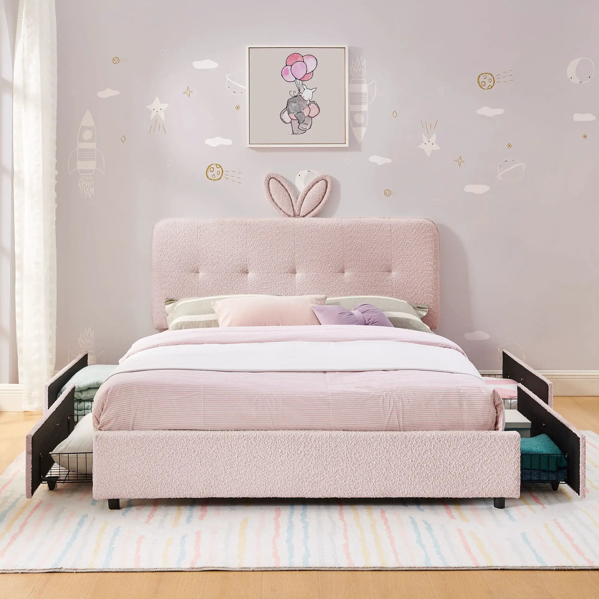Upholstered Bed With Oversized Rabbit Ear Headboard, LED Lights & 4 Storage Drawers by Unique Piece Furniture