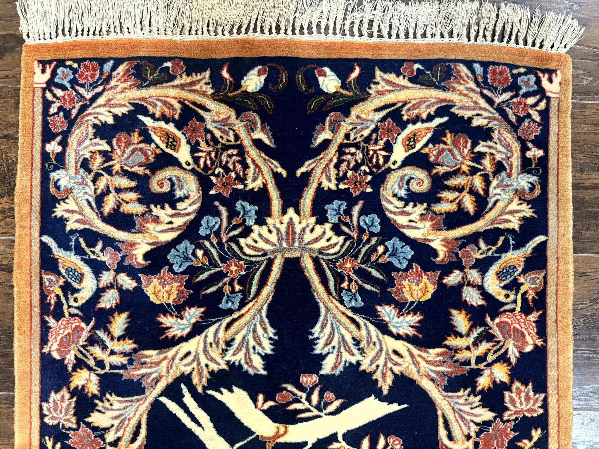 Persian Isfahan Rug 2x4, Birds, Navy Blue, Kork Wool on Silk Foundation, 460 KPSI by Jewel Rugs