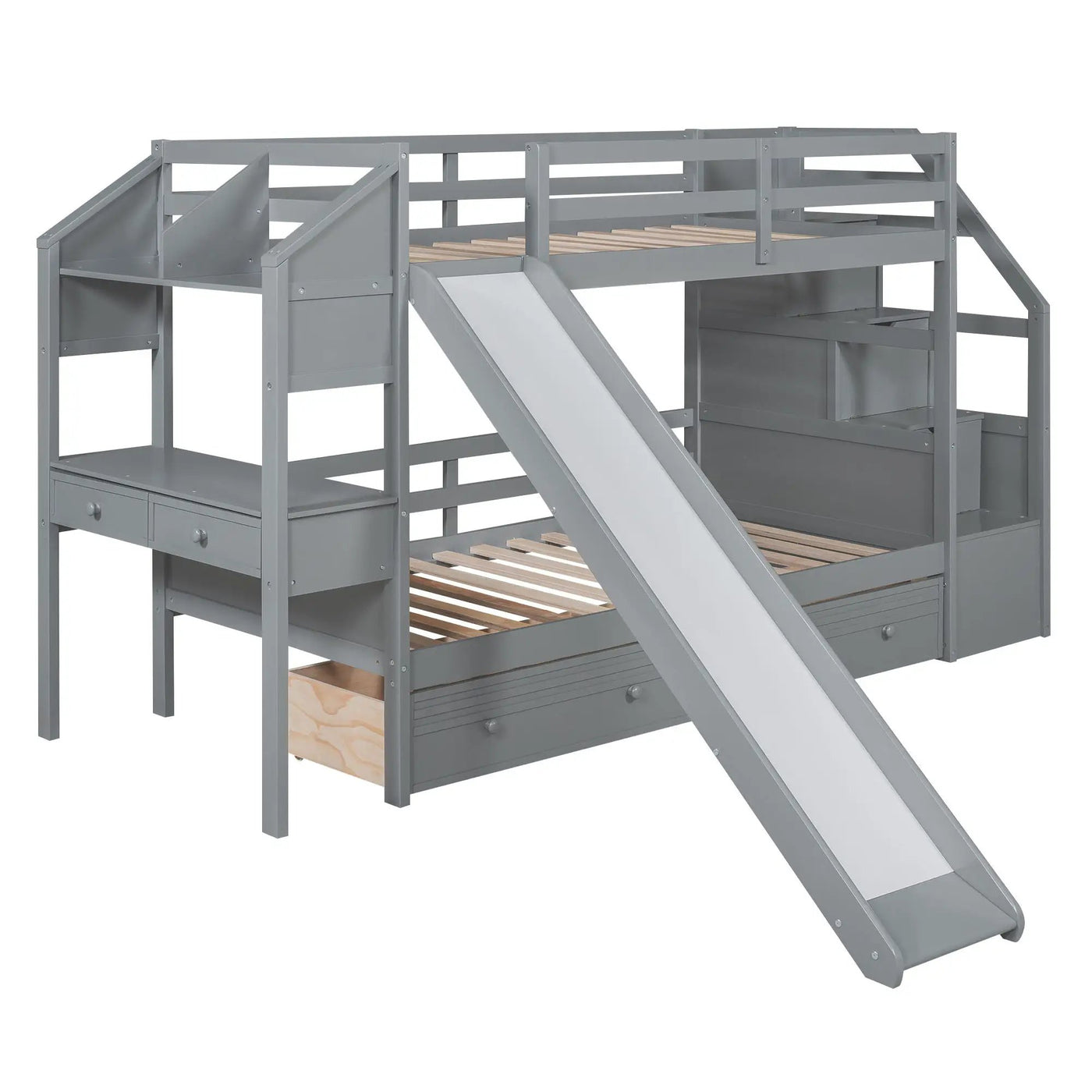 Bunk Bed With Storage Staircase, Slide, Desk, Drawers, And Shelves by HouseOfZazla