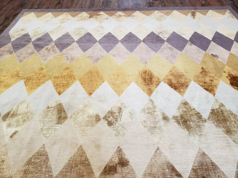 Modern Tibetan Rug 8.6 x 11, Wool and Silk, Multicolor, Diamond Panel Design by Jewel Rugs
