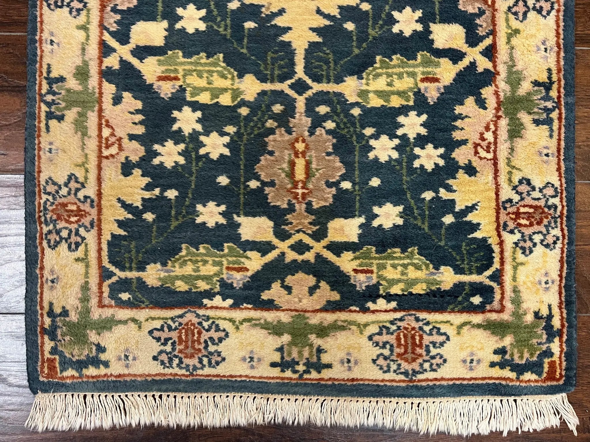 Indian Runner Rug 2.6 x 12, Navy Blue Beige Oriental Runner Rug 12ft Long, Narrow Hallway Runner, Wool Hand Knotted Indo Persian Mahal Rug by Jewel Rugs