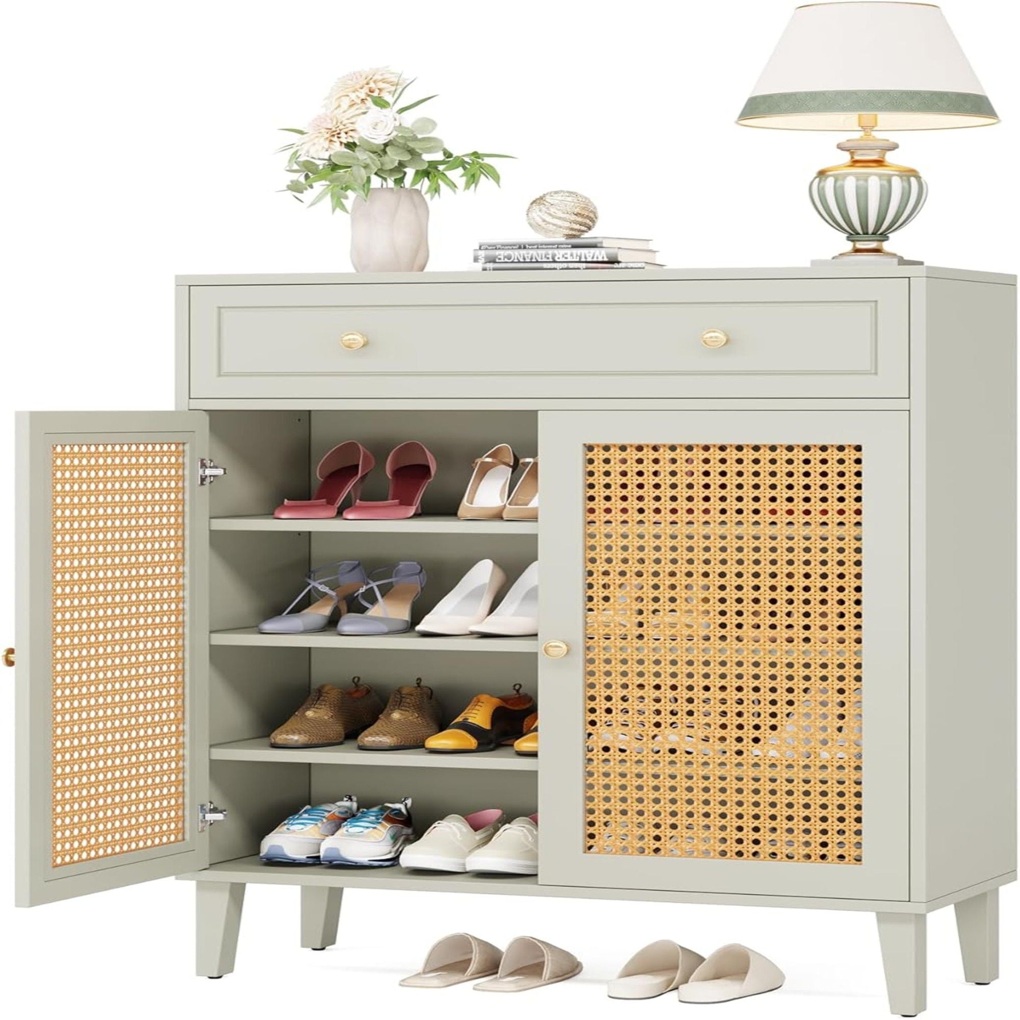 Shoe Cabinet With Rattan Doors And Drawer, 4 Tier Storage Organizer - Mint Green by HouseOfZazla