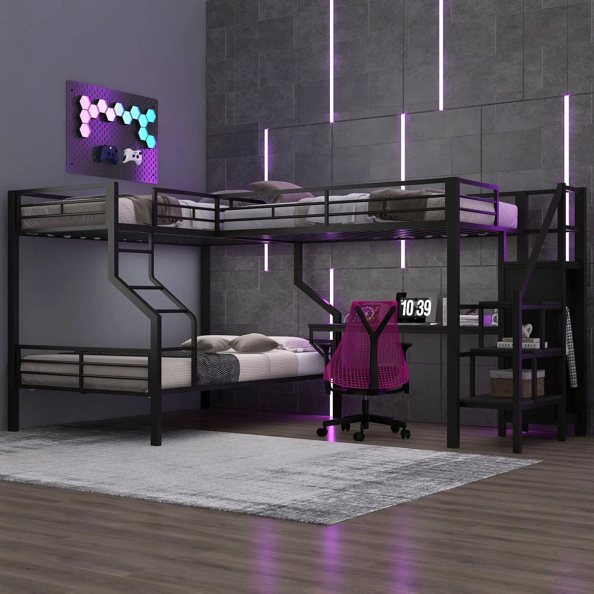 Twin Over Full L Shaped Bunk & Loft Bed With Built-In Wardrobe, Desk, And USB Ports - Black by HouseOfZazla