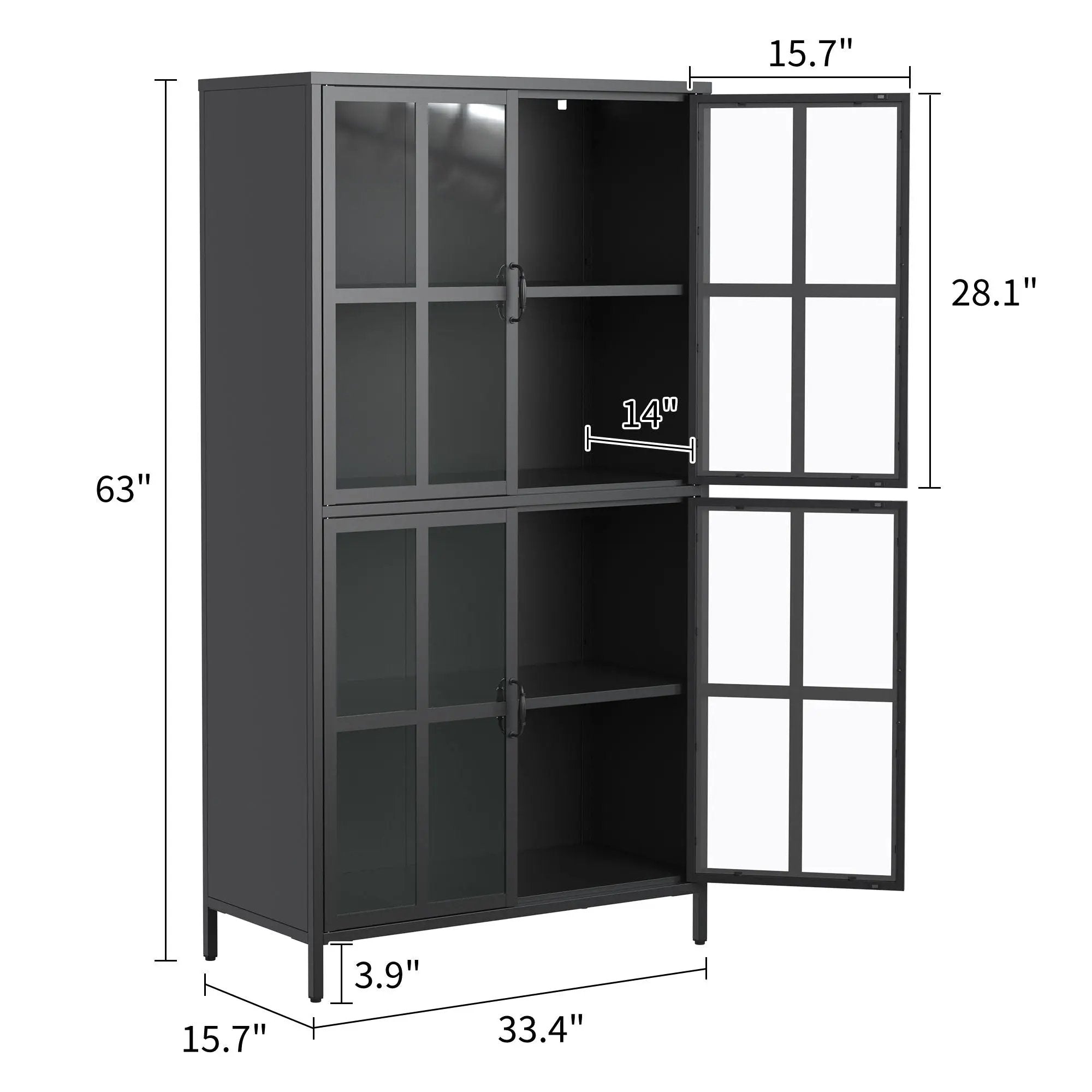 Premium Metal Storage Cabinet With Tempered Glass Doors, Adjustable Shelves, And Anti Tipping Device - Black by HouseOfZazla