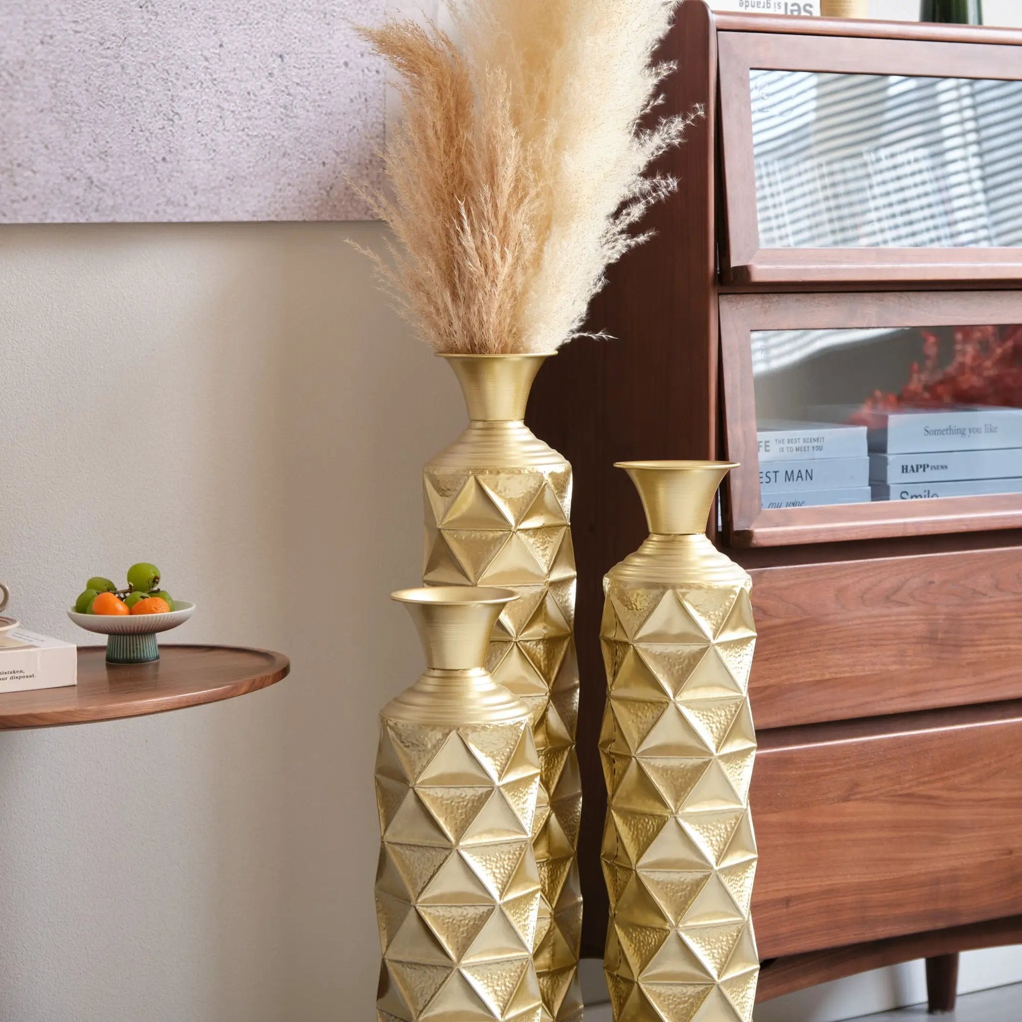 Metal Decorative Vase High Distress Metal Center Vase With 3D Triangle Pattern, (Set of 3) Vases For Home Decoration - Gold by HouseOfZazla
