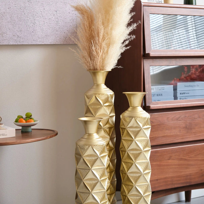 Metal Decorative Vase High Distress Metal Center Vase With 3D Triangle Pattern, (Set of 3) Vases For Home Decoration - Gold by HouseOfZazla