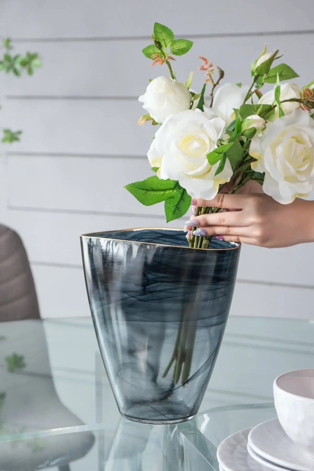 9.3x4.7x9.3' Smokey Black Glass Vase with Gold Rim by HouseOfZazla
