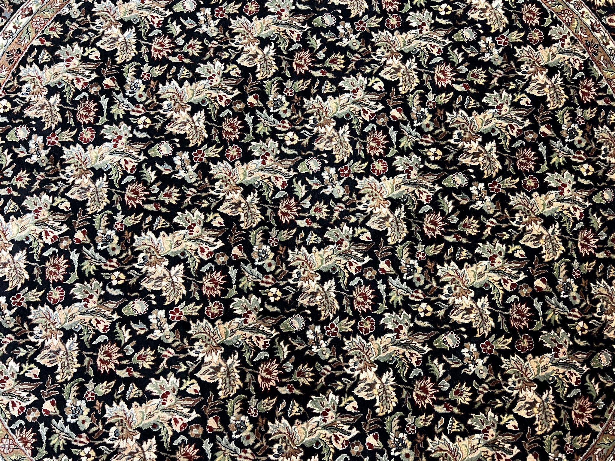 Round Oriental Rug 8x8 ft, William Morris Floral Pattern Carpet, 8 x 8 ft Round Rug, Black Cream and Tan 8ft Round Handmade Indo Persian Rug by Jewel Rugs