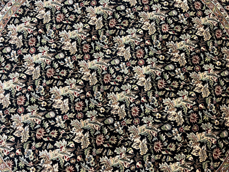 Round Oriental Rug 8x8 ft, William Morris Floral Pattern Carpet, 8 x 8 ft Round Rug, Black Cream and Tan 8ft Round Handmade Indo Persian Rug by Jewel Rugs