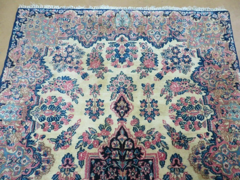 Antique Persian Kirman Rug 3.9 x 6.6, Floral Oriental Carpet, Ivory/Cream - Blue - Pink, Hand Knotted Wool Rug, Floral Medallion Rug 4x6 by Jewel Rugs