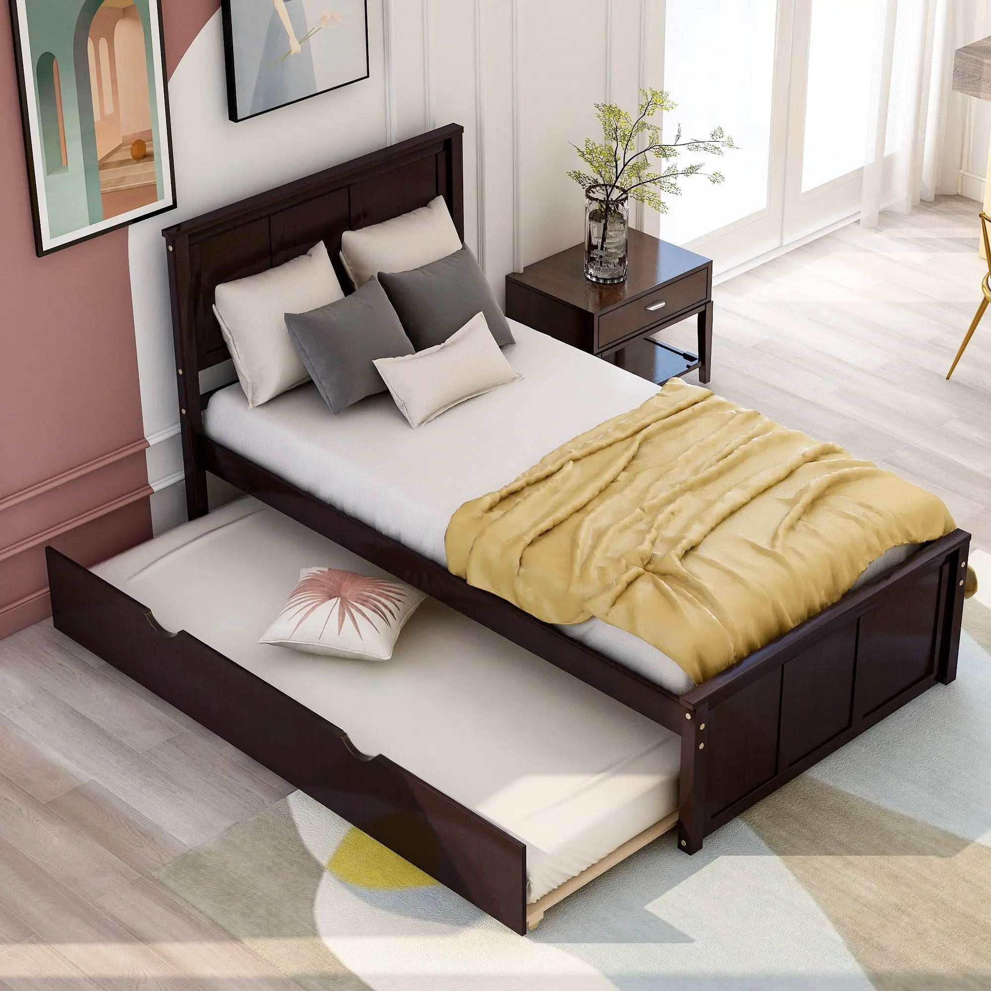 Platform Bed With Twin Trundle, Twin Size - Espresso by HouseOfZazla