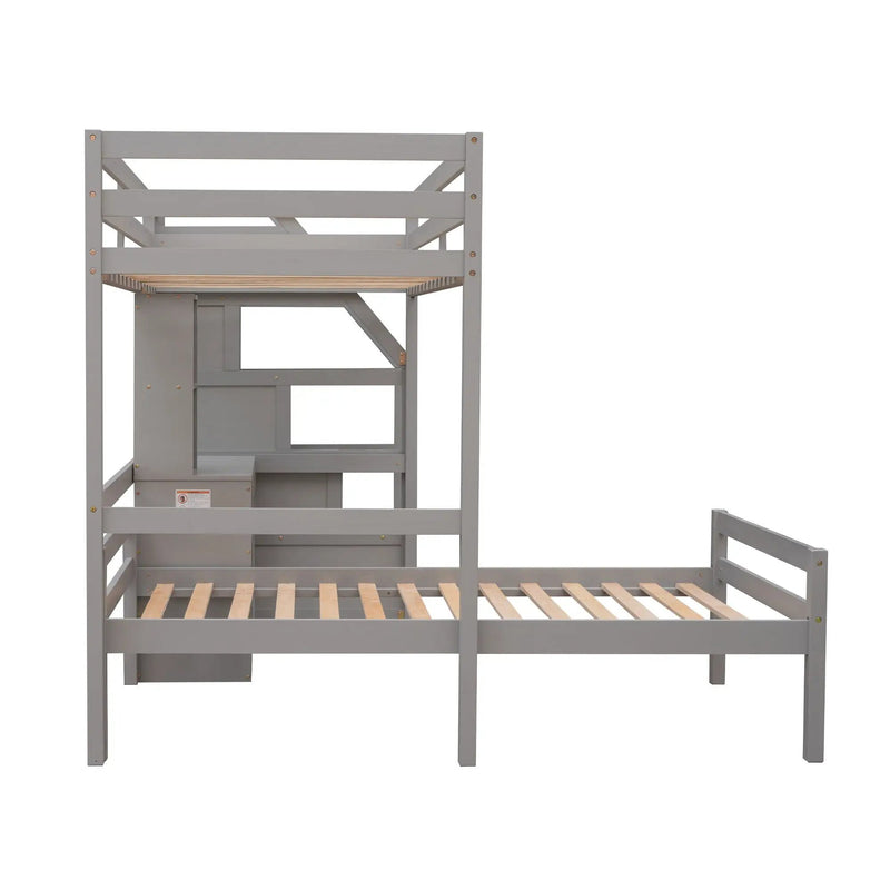 Loft Bed With Stand Alone Bed, Storage Staircase, Desk, Shelves, And Drawers
