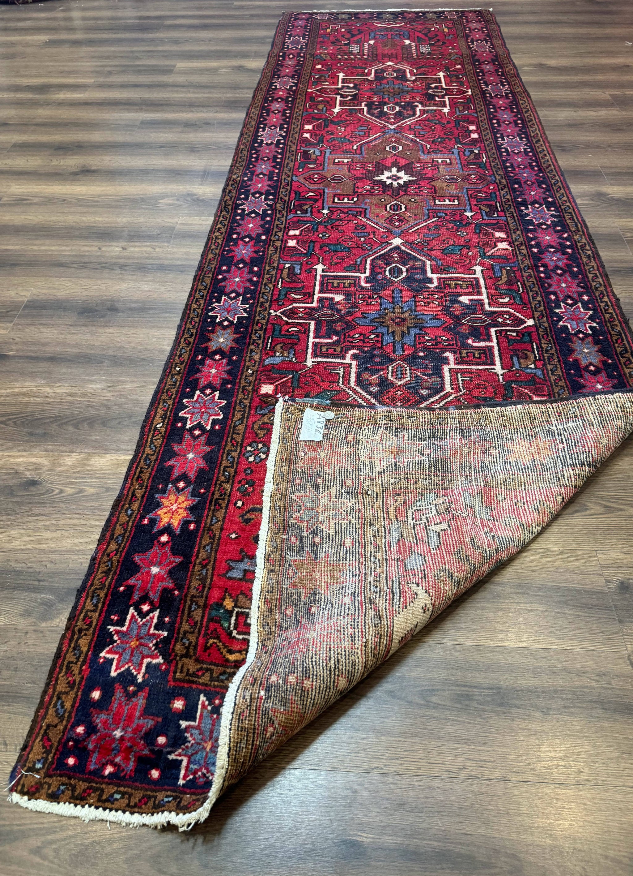 Persian Heriz Karajeh Runner Rug 3.7 x 12, Geometric Medallions, Red and Navy Blue by Jewel Rugs