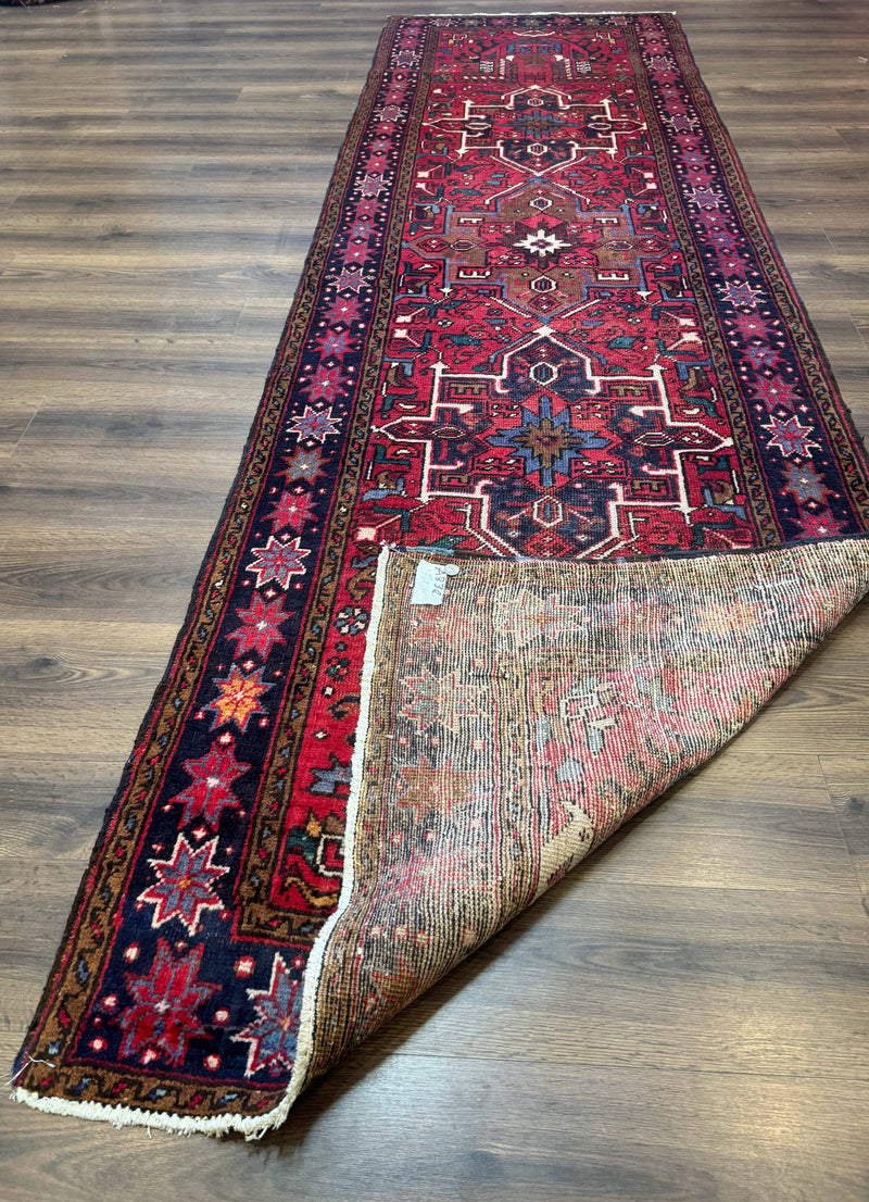 Persian Heriz Karajeh Runner Rug 3.7 x 12, Geometric Medallions, Red and Navy Blue by Jewel Rugs