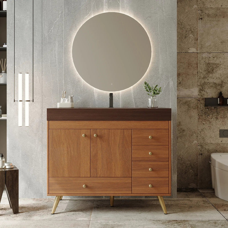 36" Freestanding Bathroom Vanity with Faux Marble Top, Ceramic Sink, 5 Drawers & Stainless Steel Legs by HouseOfZazla