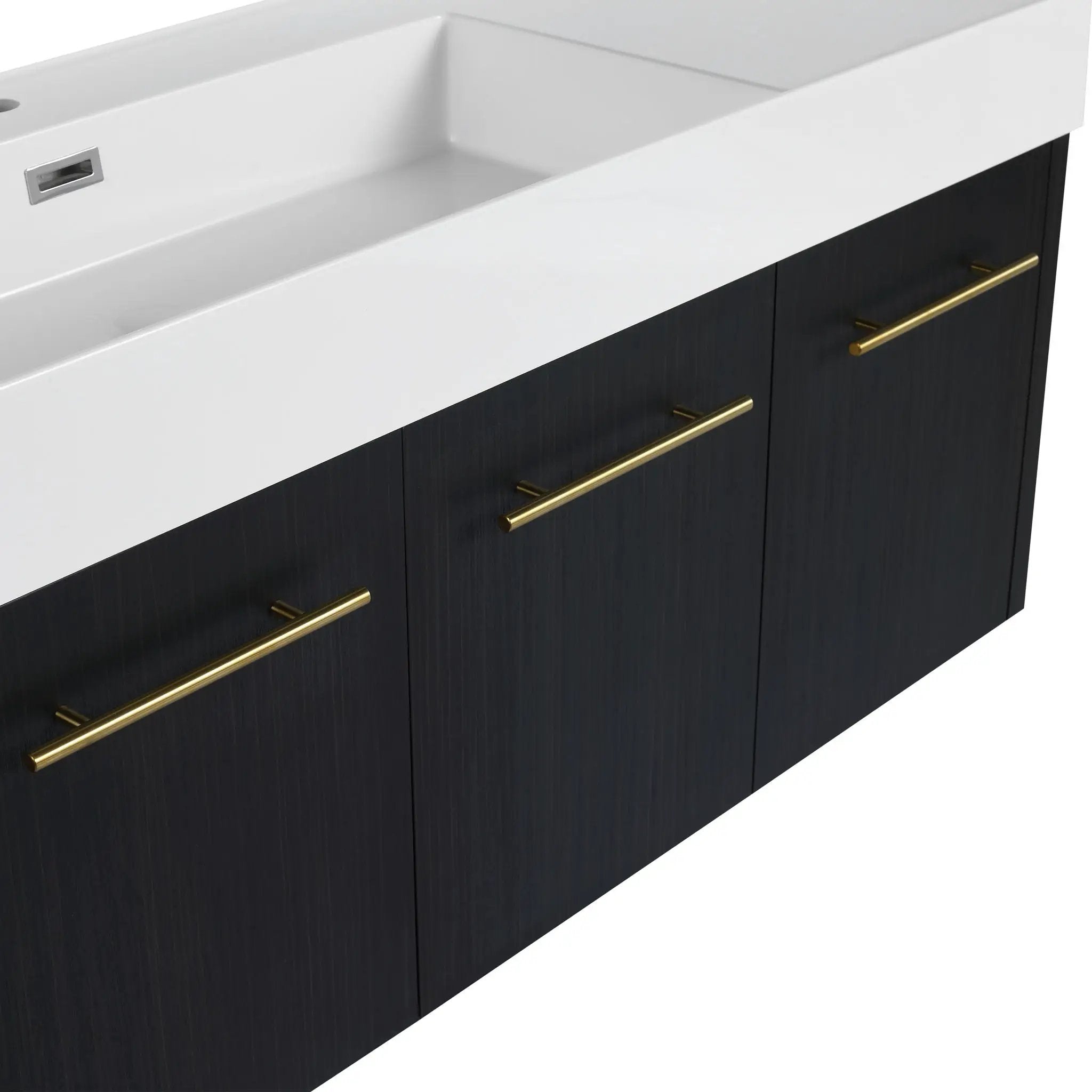 Modern Chestnut Wall Mounted Bathroom Vanity With Left Resin Sink And Storage Rack - Black Chestnut by HouseOfZazla