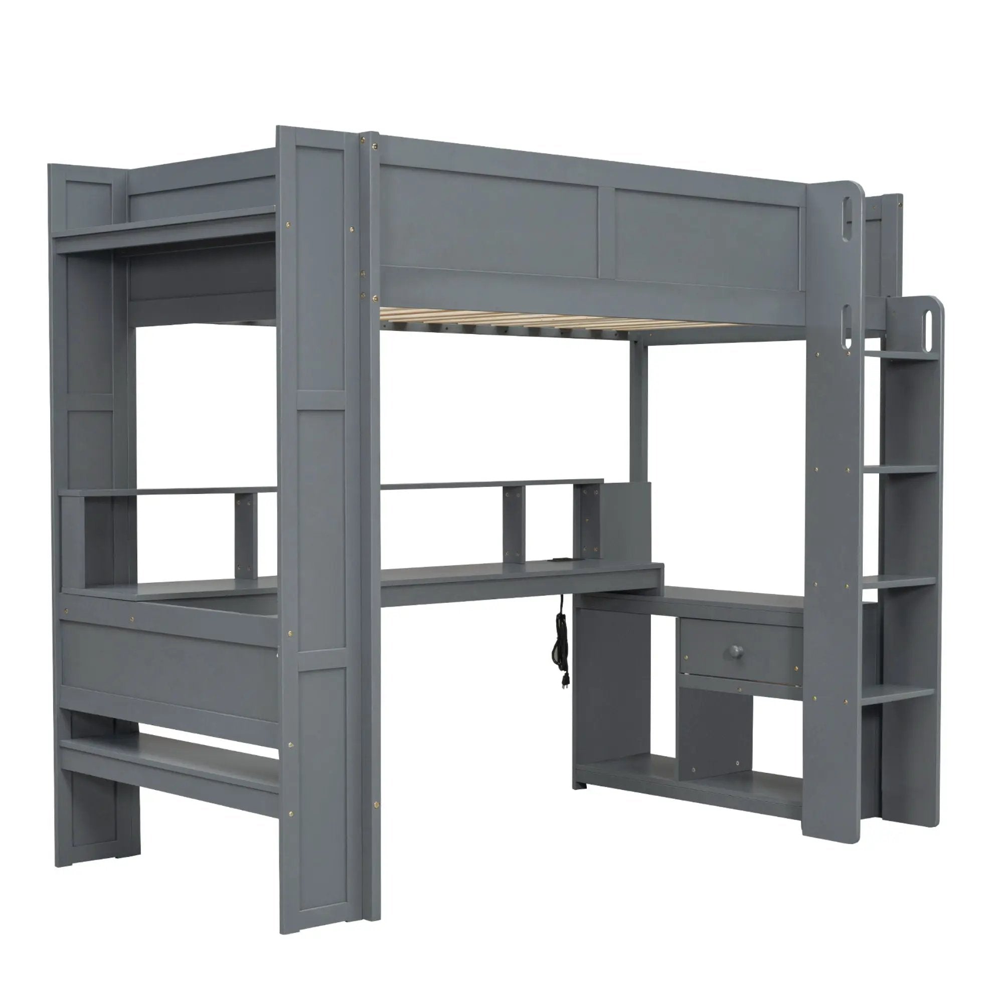 Gaming Loft Bed With Desk, Multi Storage Shelves, LED And Charging Station