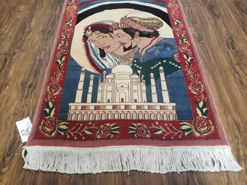 Vintage Small Pictorial Lovers Rug 2.5 x 4, Taj Mahal Indo Persian Rug, Wool Hand-Knotted Indian Rug, King & Queen, Layla and Majnun by Jewel Rugs