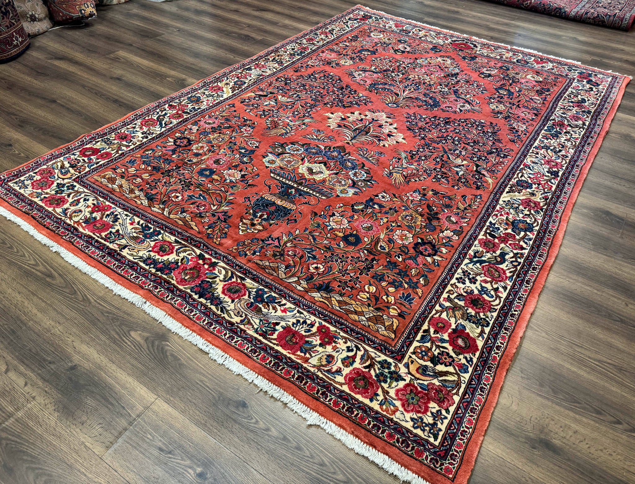 Persian Sarouk Rug 7x10, Red and Ivory, Floral Bouquets, Birds by Jewel Rugs