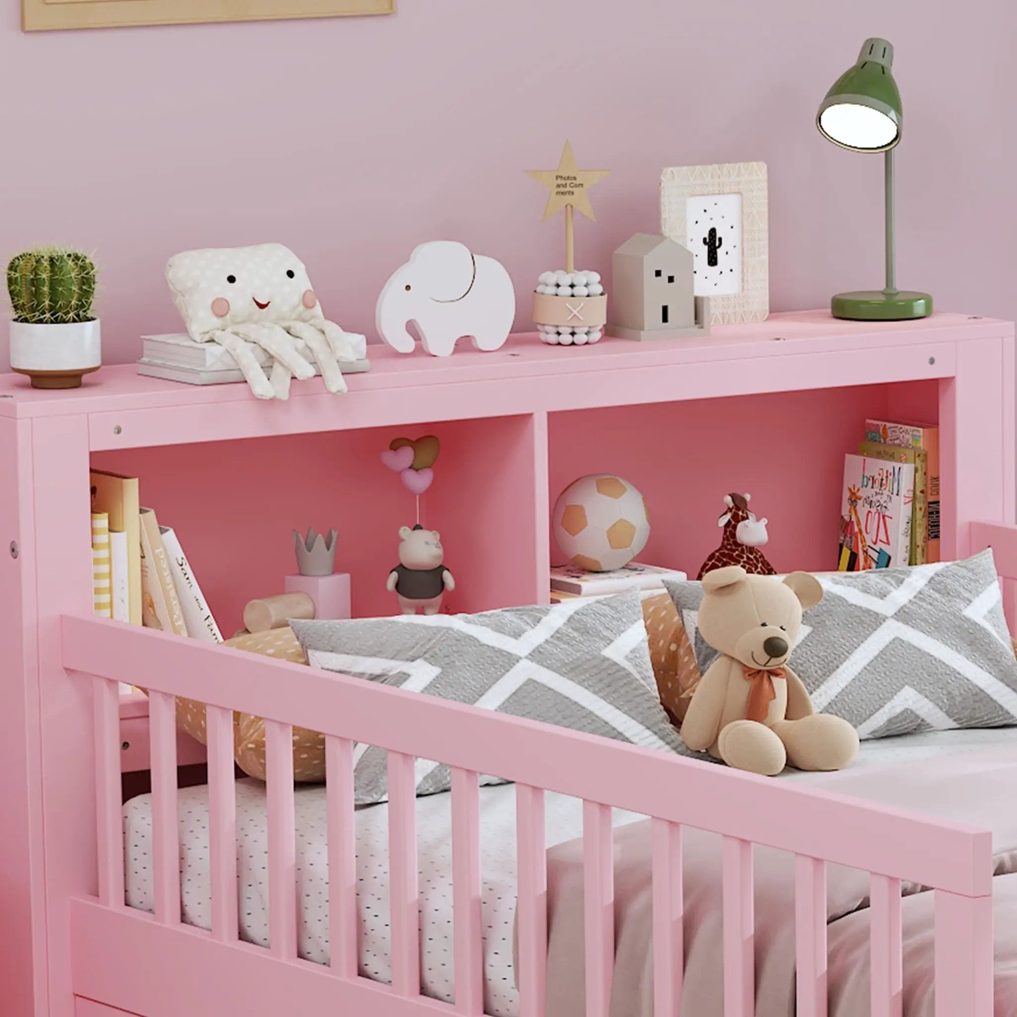 Bed With Headboard Storage Rack, 2 Under Bed Drawers, 3 Side Guardrails For Safety by Unique Piece Furniture