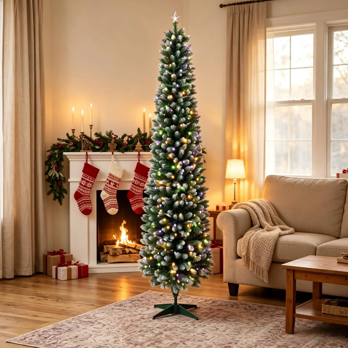 7ft Flocked Pencil Prelit Christmas Tree, Dual-Color by HouseOfZazla
