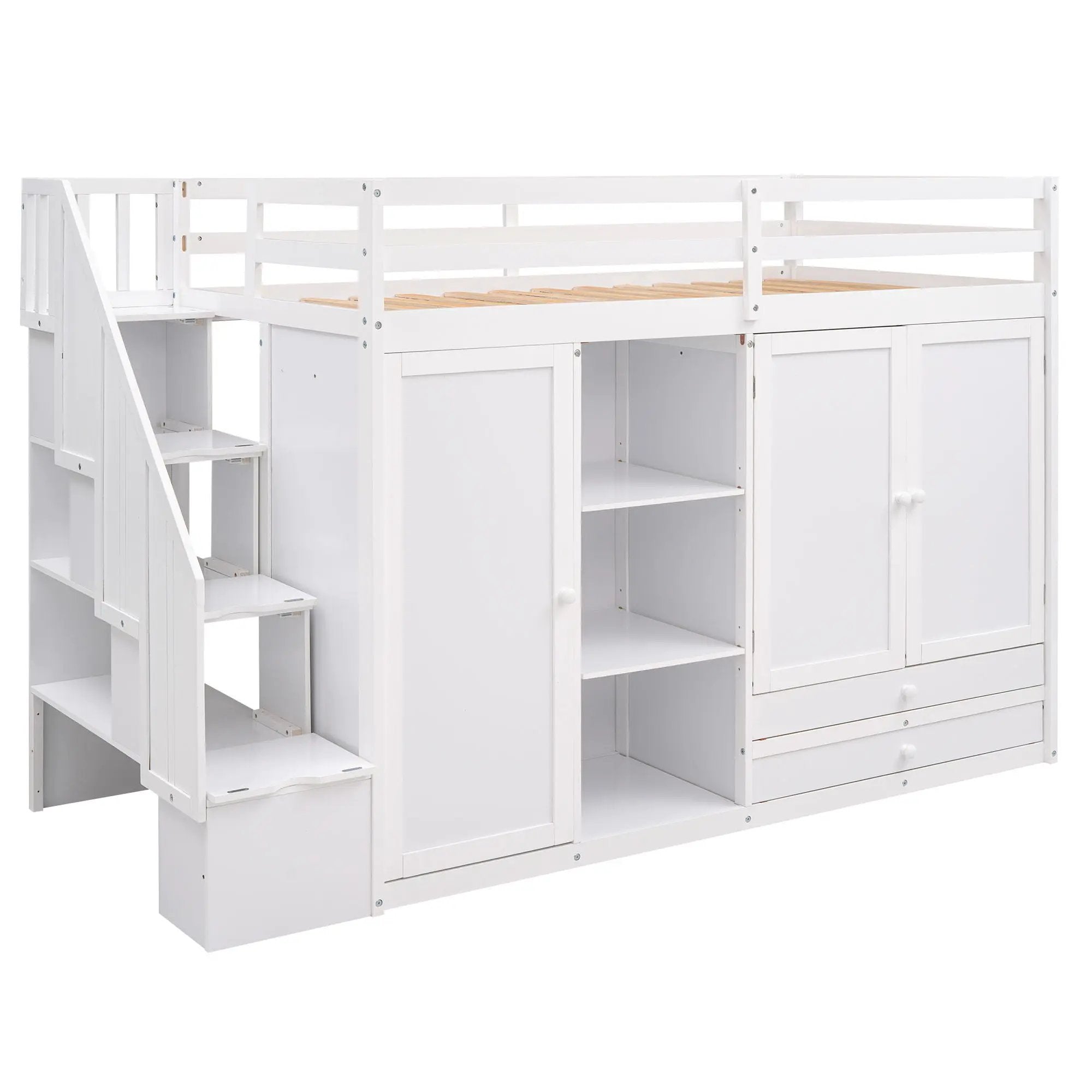 Loft Bed With 3 Shelves, 2 Wardrobes, 2 Drawers, Ladder Storage by Unique Piece Furniture